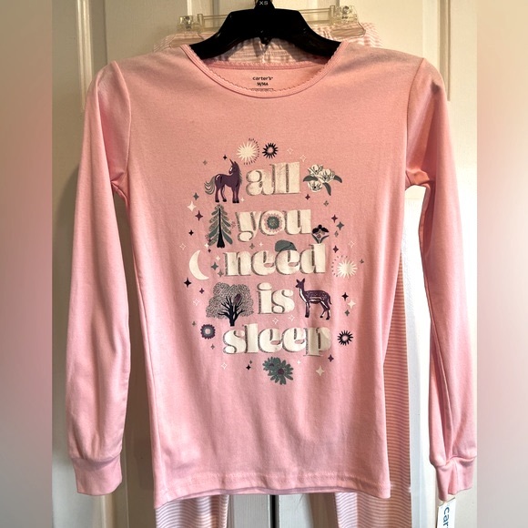 NWT- CARTERS 2 Pc PJ Set / Pink & White Striped Leggings & Pink, Long Sleeve Top - Picture 2 of 12